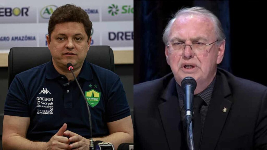 Uma imagem dividida (dítico) com dois homens em close-up. À esquerda está o presidente Cristiano Dresch com camisa pólo azul-escura com o escudo do Cuiabá E.C., falando em um microfone. À direita, está Osmar Stabile, presidente do Corinthians, com óculos e paletó escuro, também falando em um microfone.
