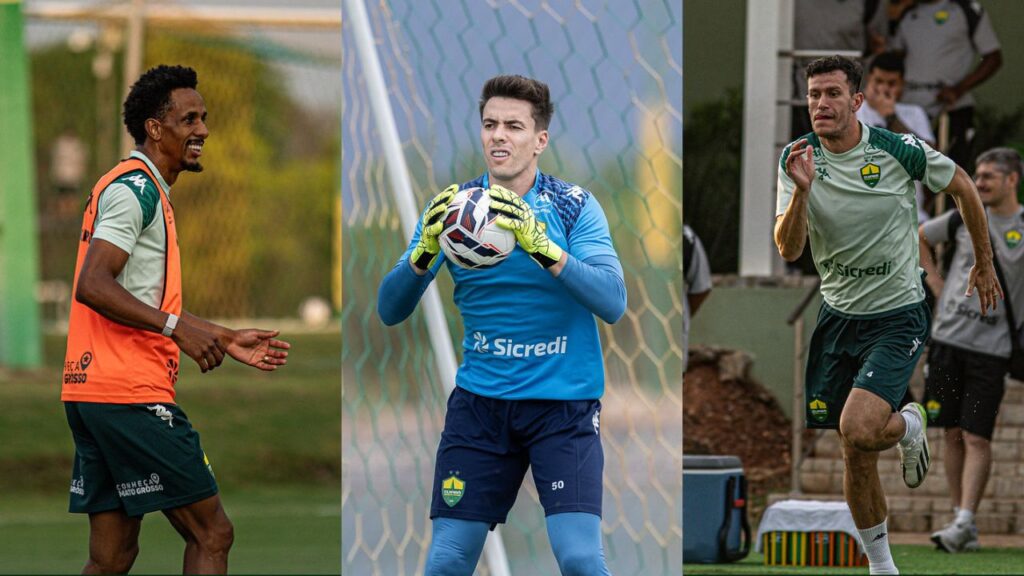 Montagem fotográfica (tríptico) de três jogadores do Cuiabá em campo. Da esquerda para a direita: O volante Lucas Mineiro sorrindo, vestindo colete laranja sobre a camisa de treino. No centro, o goleiro Luan Polli, de uniforme azul e luvas amarelas, segurando a bola. À direita, o zagueiro Nathan correndo, vestindo camisa de treino verde-clara e shorts verde-escuros.