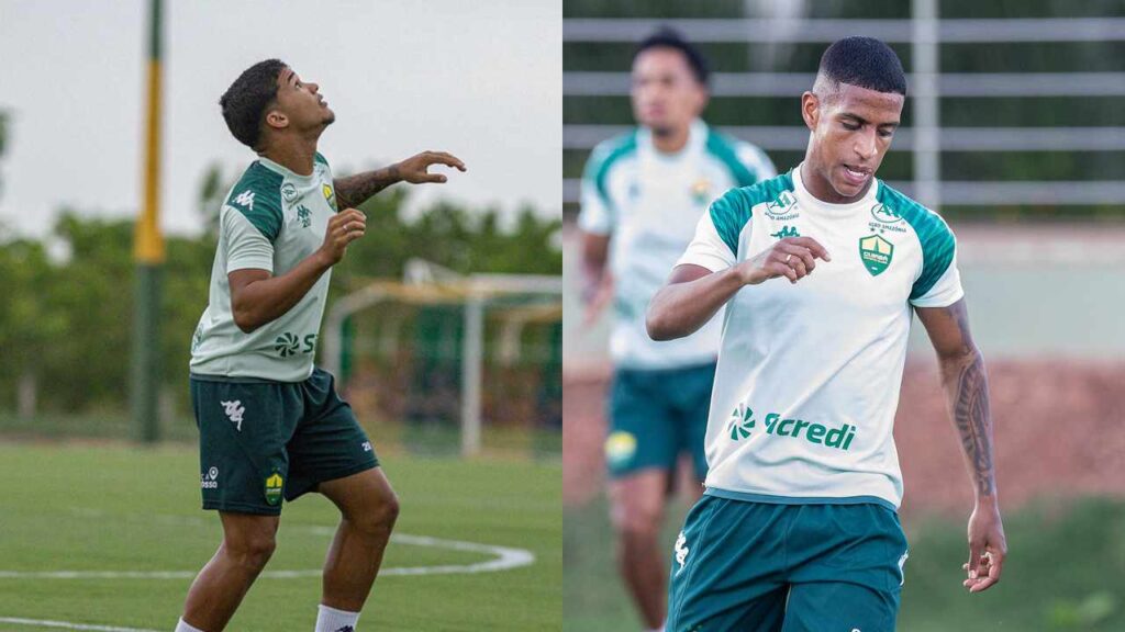 Jogadores David (à esquerda) e Max (à direita), do Cuiabá, durante treino no CT do clube. Ambos usam o uniforme de treino nas cores verde e branco e aparecem concentrados em atividades com bola no campo.