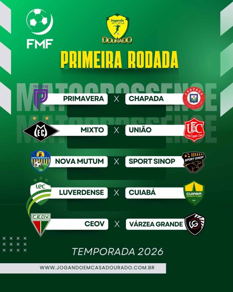 Um pôster verde escuro anuncia a "PRIMEIRA RODADA" do torneio "DOURADO", temporada 2026, organizado pela FMF (Federação Matogrossense de Futebol) e "JOGANDO EM CASA DOURADO".