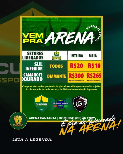 Arte promocional do jogo Cuiabá x Varz Grande pelo Campeonato Mato-grossense, na Arena Pantanal. Ingressos a partir de R$10, jogo Domingo (08) às 17h.