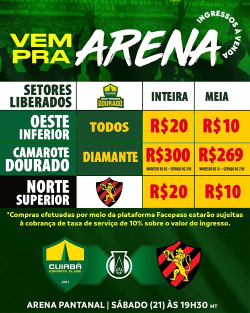 Arte promocional do jogo Cuiabá x Sport pelo Campeonato Brasileiro série B. Ingressos a partir de R$10, jogo sexta-feira (20) às 19h30. Setores Oeste Inferior e Camarote Dourado disponíveis.