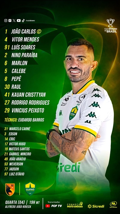 Arte oficial de escalação do Cuiabá Esporte Clube para partida da Copa do Brasil, com fundo verde e amarelo. À direita, jogador do Cuiabá de braços cruzados usando uniforme branco com detalhes em verde e amarelo. À esquerda, lista dos titulares como João Carlos, Vitor Mendes, Luís Soares, Nino Paraíba, Marlon, Calebe, Pepê, Raul, Kauan Crystyan, Rodrigo Rodrigues e Vinícius Peixoto, além do técnico Eduardo Barros. Na parte inferior, informações do jogo contra o Santa Catarina no Estádio Alfredo João Krieck, às 19h, com transmissão da FCF TV.