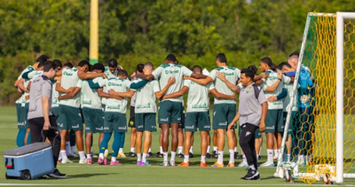 Retrata o elenco completo em um momento de união no gramado, formando um círculo antes ou depois de uma sessão de treino.