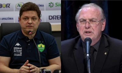 Uma imagem dividida (dítico) com dois homens em close-up. À esquerda está o presidente Cristiano Dresch com camisa pólo azul-escura com o escudo do Cuiabá E.C., falando em um microfone. À direita, está Osmar Stabile, presidente do Corinthians, com óculos e paletó escuro, também falando em um microfone.
