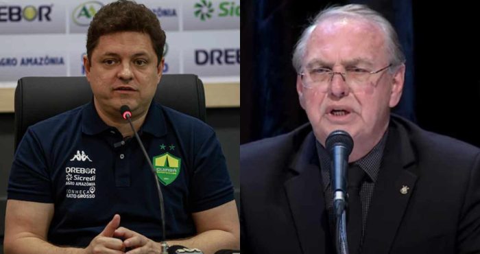 Uma imagem dividida (dítico) com dois homens em close-up. À esquerda está o presidente Cristiano Dresch com camisa pólo azul-escura com o escudo do Cuiabá E.C., falando em um microfone. À direita, está Osmar Stabile, presidente do Corinthians, com óculos e paletó escuro, também falando em um microfone.