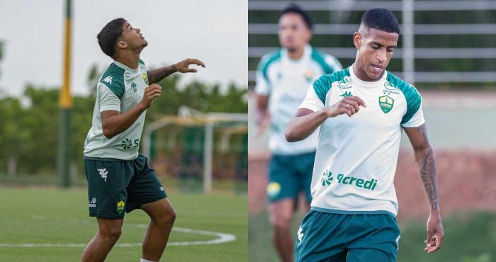 Jogadores David (à esquerda) e Max (à direita), do Cuiabá, durante treino no CT do clube. Ambos usam o uniforme de treino nas cores verde e branco e aparecem concentrados em atividades com bola no campo.